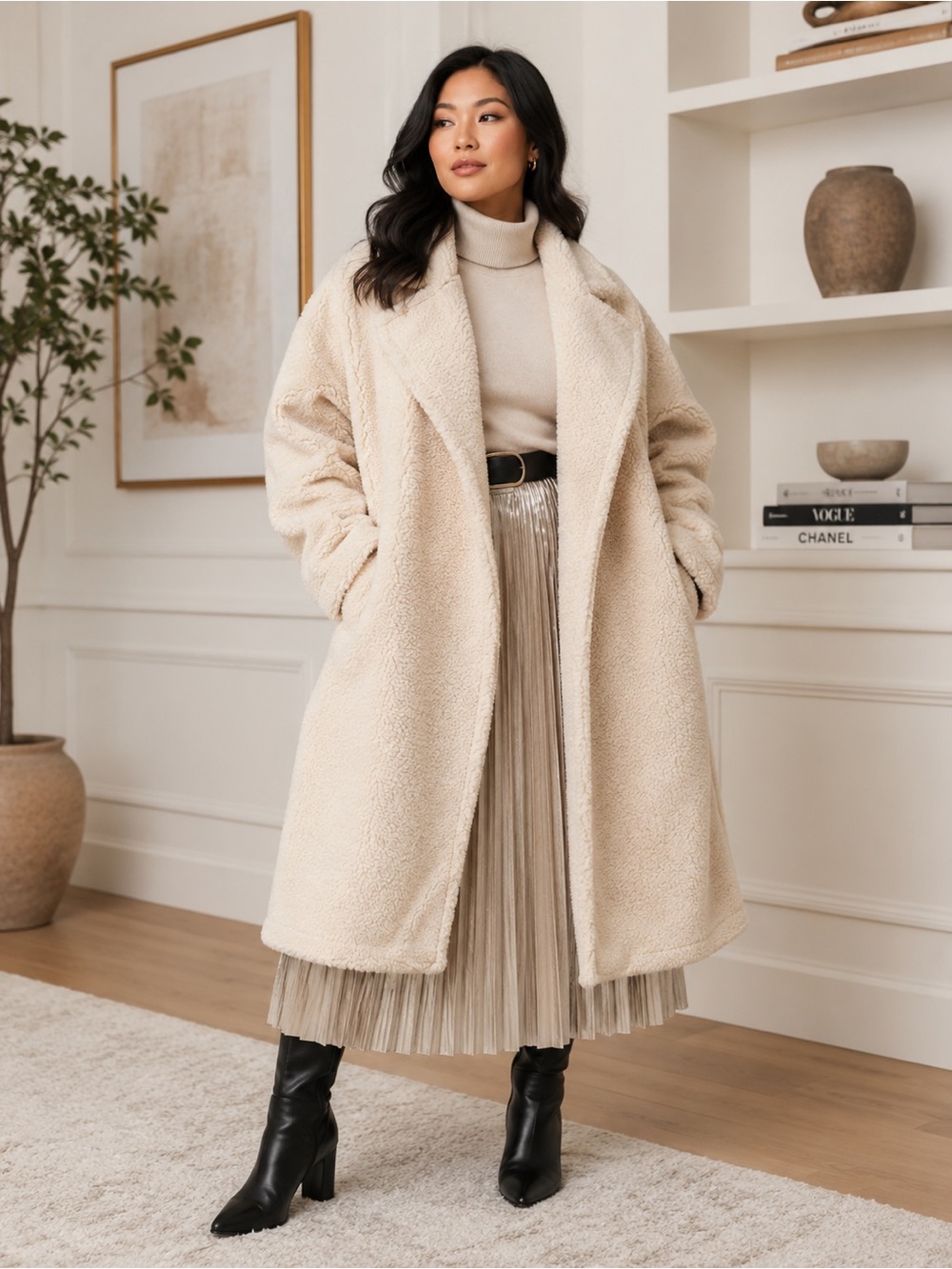 NEW Good American Oversized Sherpa Trench Coat – Bone – Size 4X/5X